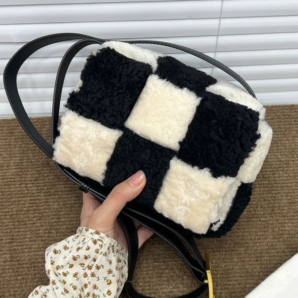 

lamb wool crossbody bag checker handbags fashion women shoulder bags small square flap clutch wallets removable leather strap cell phone poc