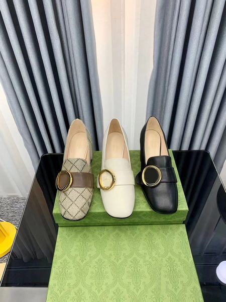 

women square dress shoes letter spring autumn cowhide belt buckle high heels coarser heel leather metal buckle lady designer heeled boat sho, Black