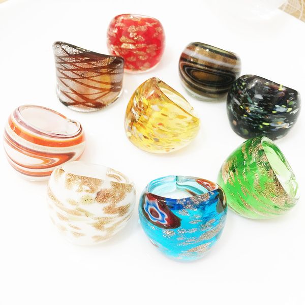 

9pcs wholesale randomly cluster rings mix color lampwork glass murano for women gold foil color 17-19mm band random model, Golden;silver