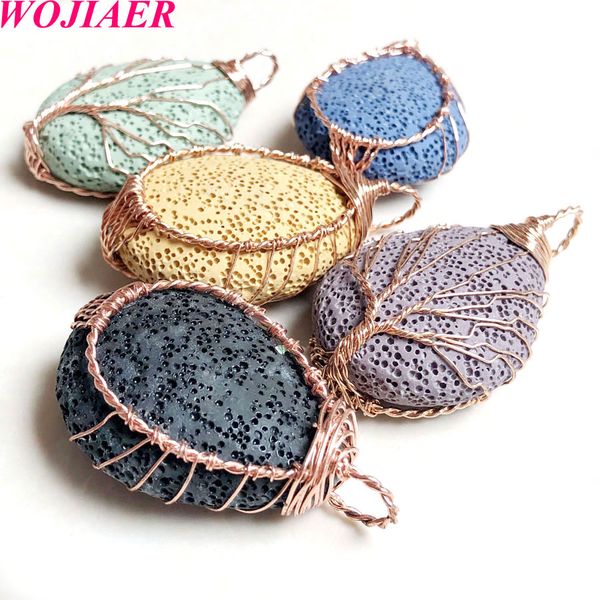 

wojiaer tree of life pendant natural lava volcanic rock stone rose gold color wire wrap water drop women necklace jewelry bv913, Silver