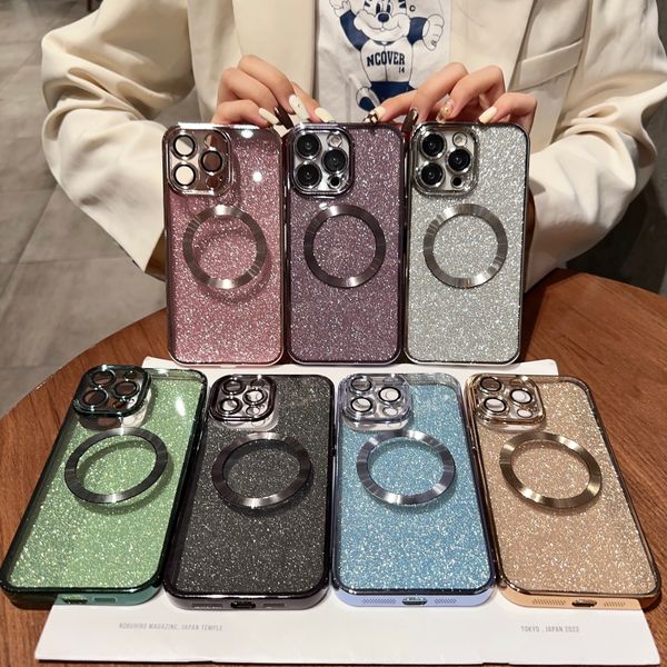 

plating magsafe magnetic phone cases luxury glitter wireless charging cover for iphone 14 13 12 11 pro max 14 plus lens glass phone case