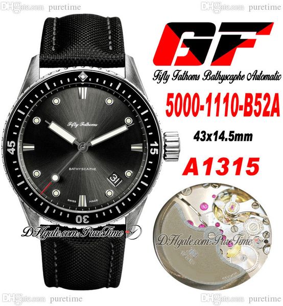 

gf fifty fathoms bathyscaphe a1315 automatic mens watch 43mm 5000-1110-b52a steel case ceramic bezel black dial sail-canvas strap super edit, Slivery;brown