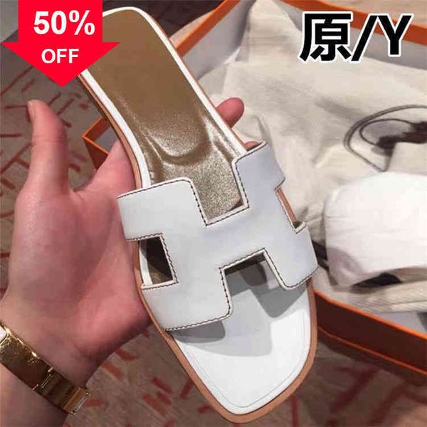 

luxury h slippers slides herme high version h family slippers women's 2022 summer new beach leather flat bottom sandals women's le, Black