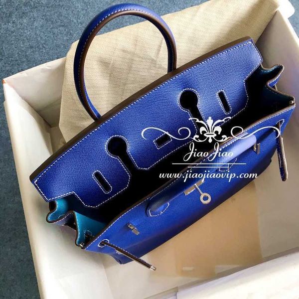 

designers handbags herme birkin bags jiaojiao private h home bag epsom cross grain leather 30cm silver buckle lightning blue mixed with deni