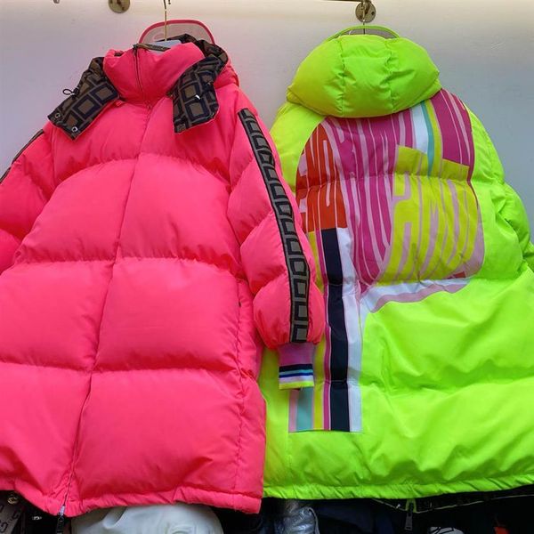 

21ss mens down-coat fashion print fluorescent color parkas double sided keep warm down jacket winter detachable hood loose coats304t, Black
