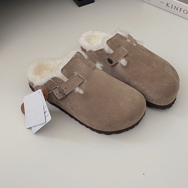 

slippers fur shearling suede boston clogs women slippers sandal designer shoes slip on flat mule wool fluff cork flat slides fashion leather, Black