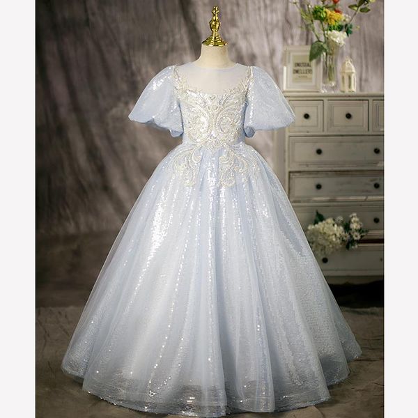 

luxury flower girls dresses long flowers with pearls beads first holy communion dresses sequined lace ball gown baby pageant gowns, White;blue