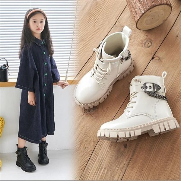 

Boots Children Warm Soft Soled Girls Fashion Autumn Winter British Style Boys Leather Student Metal Chain Sneakers ae29, Black