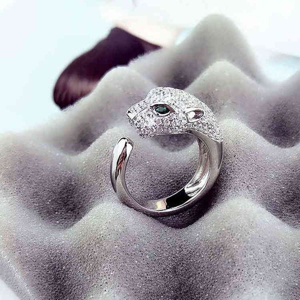 

aggressive leopard head open ring with s925 sterling silver plating; male and female couples exaggerate eating style
