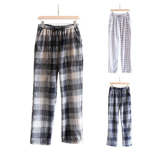 

men's sleepwear men pajama pants plaid printed autumn soft warm drawstring sleep flannel fleece super home check large size, Black;brown