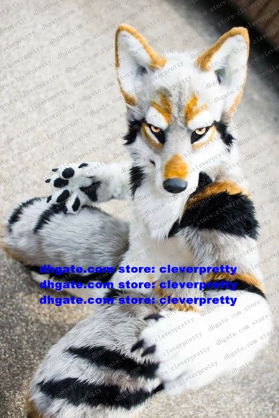 

grey white long fur furry mascot costume husky dog wolf fox fursuit cartoon character outfit suit meeting welcome stage properties zz7583, Red;yellow