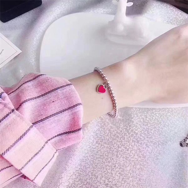 

new 925 silver beaded love tag bracelets brand luxury couple beads strands chains heart balls 4mm bead bracelet for women blue peach charm b, Black