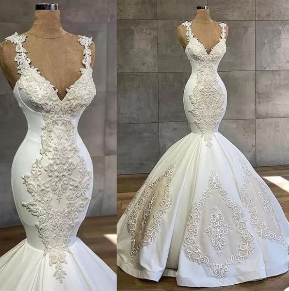 

2023 mermaid wedding dresses bridal gown straps lace applique floor length beach ruffles custom made vestidos de novia, White