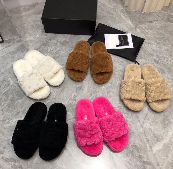 

2022 luxury wool slippers shoes women woolly autumn and winter wear the new lazy flat bottomed lamb hair flip-flops designer fuzzy slippers, Black
