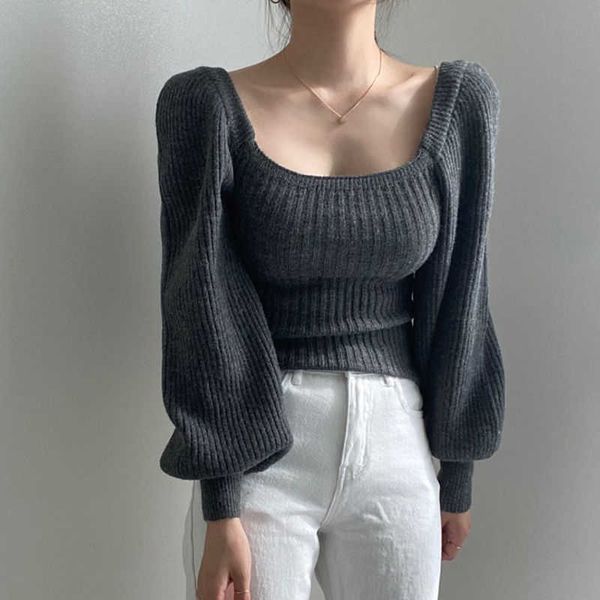 

women's sweaters jmprs vintage puff pastry sleeve women sweater autumn sweater square collar female jumper elastic winter sweater drops, White;black