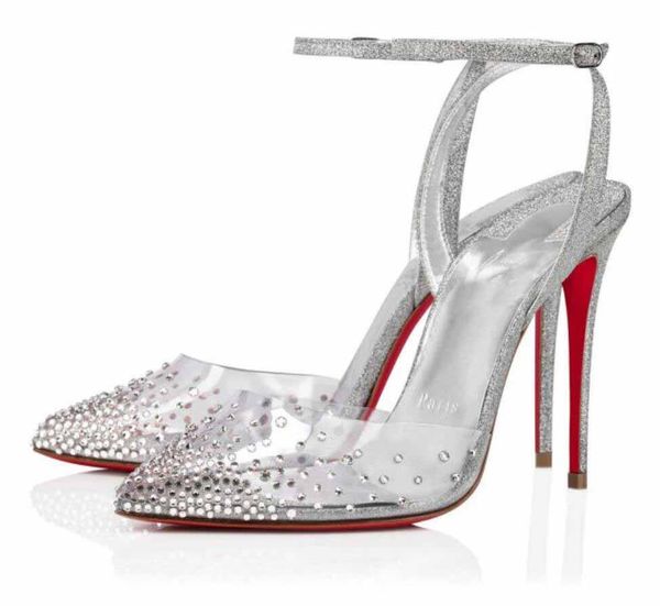 

women dress pump sandal reds sole high heels spikaqueen strass pointy toe slingback strap pvc and rhinestone lady wedding fast ship with box, Black