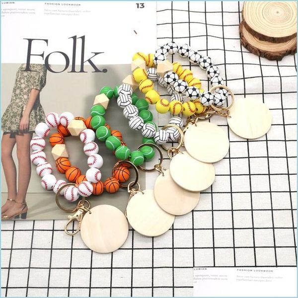 

keychains lanyards trendy design monogram disc wristlet keychain wooden beaded softball baseball print sport bracelet 6 colors dro dhn0t, Silver