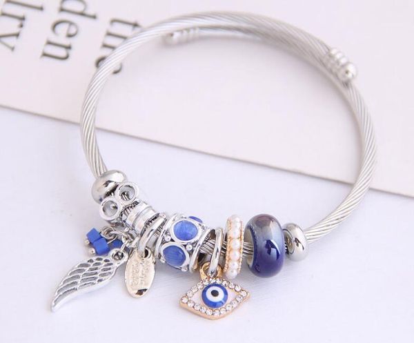 

european and american fashion creativity charm bracelets multi element glazed angel wings devil's eye pendant string adjustable bracele, Golden;silver