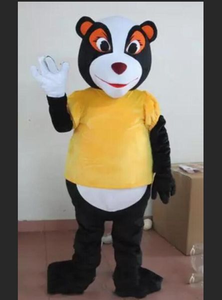 

a black squirrel mascot costume with yellow shirt for to wear, Red;yellow