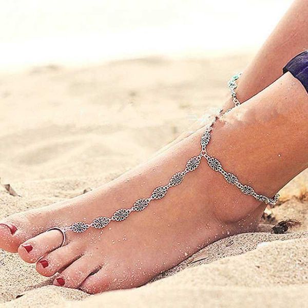 

summer beach vintage antique silver color toe ring anklets bohemia fashion geometric flower foot jewelry for women, Red;blue