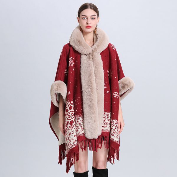 

women's cape autumn/winter girls snowflake and fleece thickened collar knitted coat lady's woolen outerwear large size cardigan cl, Black
