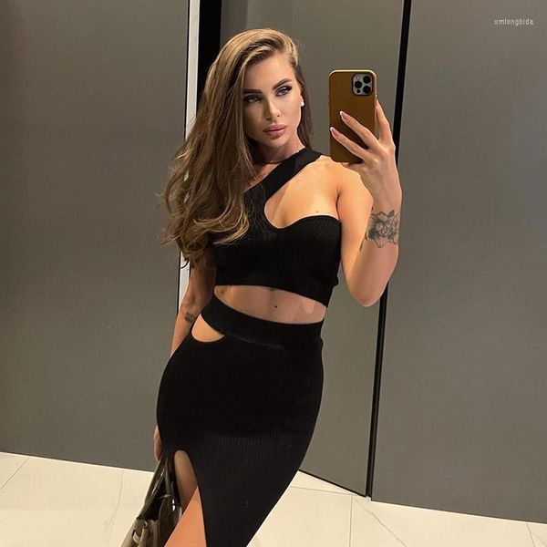 

work dresses summer outfits ladies ribbed cutout skirts set women one-shoulder crop split irregular skirt fashion party bodycon, White;black