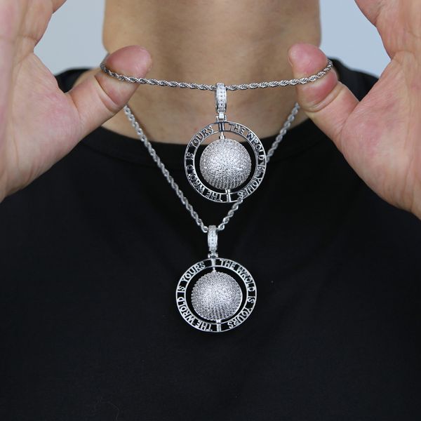 

iced out earth pendant necklace with rope chain engraved all world is yours moved ball pendants for women lady hip hop jewelry wholesale, Silver