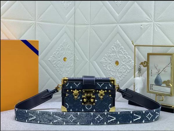 

hh luxurys designer bags women petite malle denim jacquard box bag s-lock monograms printed trunk shoulder handbag genuine leather crossbody