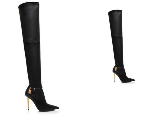 

fashion opyum black suede leather padlock knee boot high heels zip spool heels women booty ladies bottes booties eu35-43