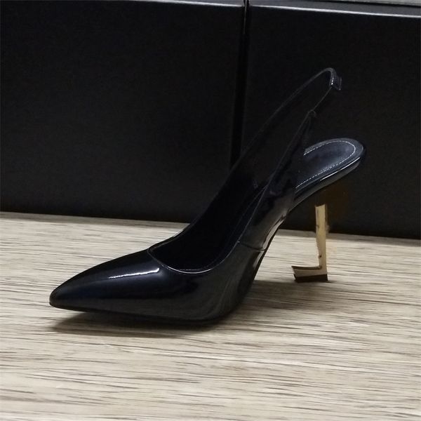 

fashion dress shoes yslity women leather high heel metal buckle letter logo wedding party business casual flat shoes 01-017, Black