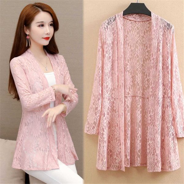 

women's sweaters 2022 women summer women midlength mesh sun thin scarf jacket female long sleeves lace vest 3xl 4xl 5xl j220915, White;black