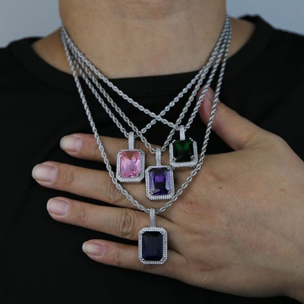 

square colorful pendant necklace paved blue pink purple blue cz stone with rope chain 3mm tennis chains hip hop necklaces jewelry for women, Silver