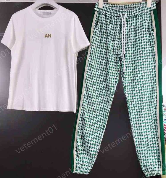 

womens two piece pants fashion letter print t-shirt with green check pants 2 piece sets luxury designer tracksuits women clothing, White