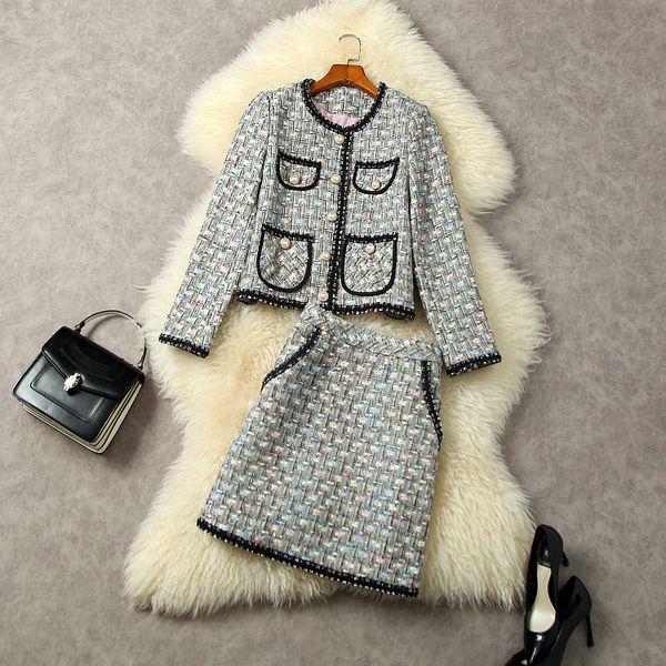 

two piece dress new european and american women's wear for winter 2022 long-sleeved single-breasted tweed jacket pockets skirts fashion, White