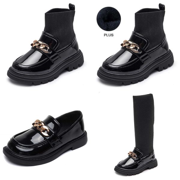 

boots girls fashion metal chain design knitting patchwork ankle pu leather kids chick socks anti-slip casual shoes l221011, Black;grey