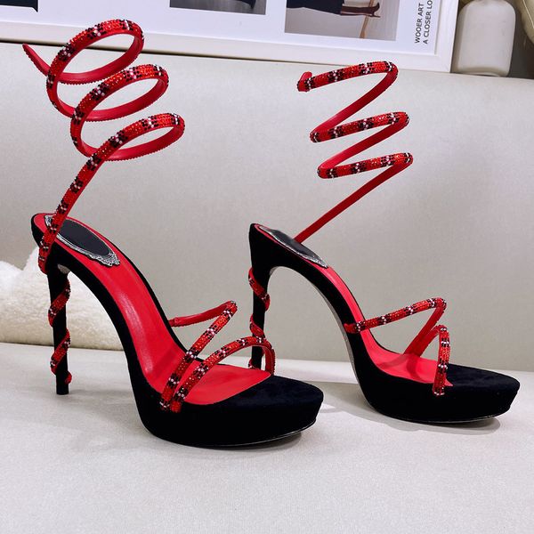 

fashion rome sandals womens narrow band dress shoe luxury designer serpentine winding platform heel shoes 12.5cm high heeled sandal 35-43, Black