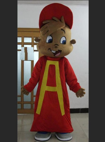 

a brown chipmunk mascot costume with a red hat for to wear, Red;yellow