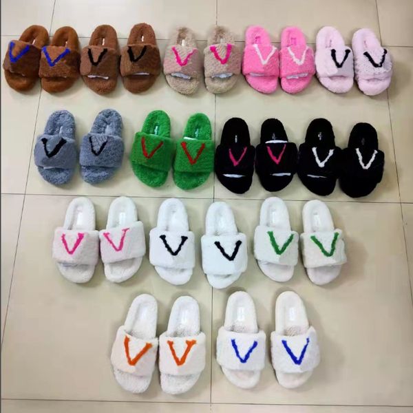 

designer slippers wool slipper sandals slides slide shoes women warm fluffy furry autumn winter comfort scuffs size 35-40 with box, Black
