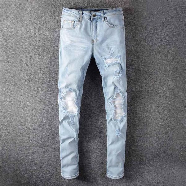

mens jeans classic hip hop denim hole distressed ripped biker jean slim fit motorcycle rock trousers261w, Blue
