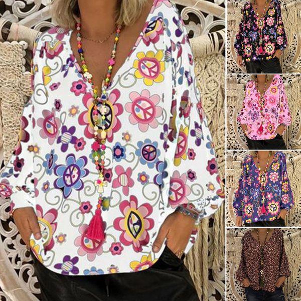 

women's blouses casual summer womens ladies floral blouse long puff sleeve v-neck shirts women clothes flowers pullover plus size -xx, White