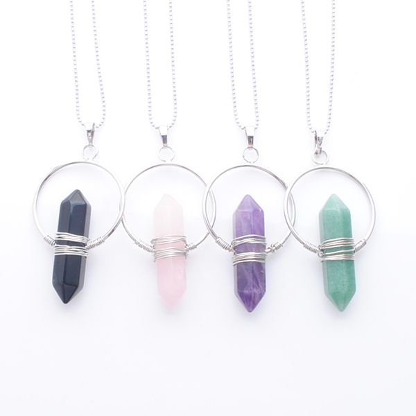 

natural stone healing pointed necklaces & pendant hexagonal circle winding wire bullet crystal women jewelry chain 45cm bn396, Silver