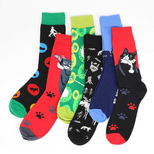 

cartoon animal cat trendy men's harajuku style street men's mid-calf autumn and winter new cotton socks, Black