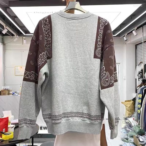 

men's hoodies japanese vintage cashew flower stitching plus suede round collar sweater men loose, Black