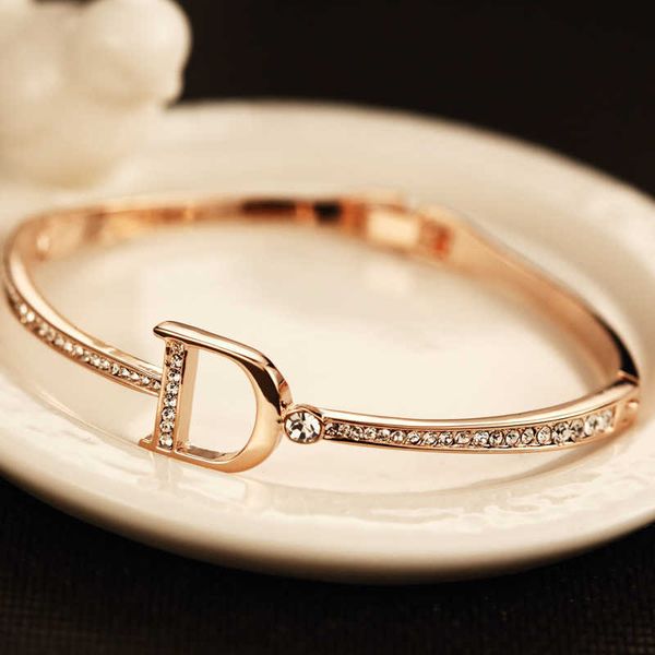 

retail women cuff bangle vintage 18k gold plated zircon letter charms bracelet bangles for party korean brand jewelry, Black