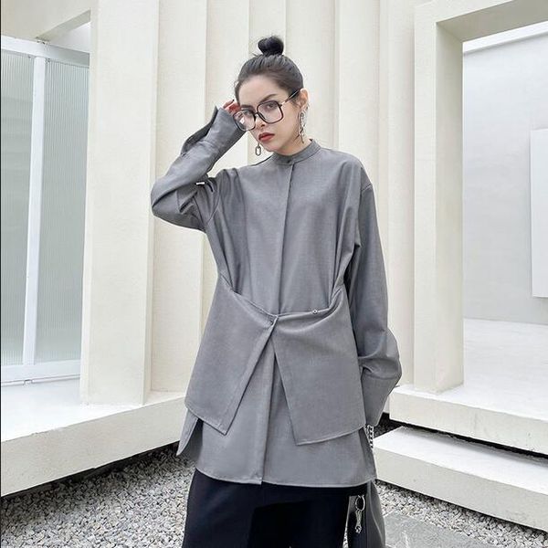 

women's blouses & shirts women gray irregular knot big size blouse new stand collar long sleeve loose fit shirt fashion spring autumn, White