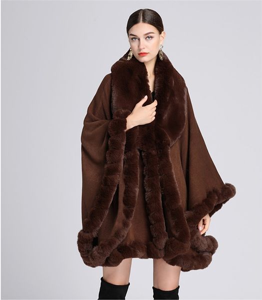 

women's cape autumn winter female otter rabbit fur collar shawl capes large knit cardigan loose coat keep warm outerwear pure color coa, Black
