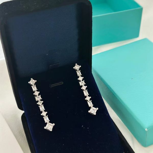 

luxury dangle earrings brand designer square zircon chain charm white gold tassel charm shinning wedding jewelry for women, Silver