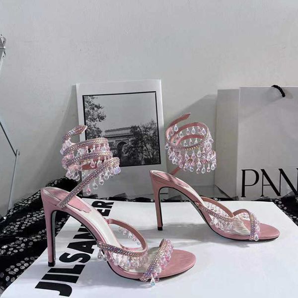 

sandals twining shoes womens sandal luxury designer crystal lamp pendant rhinestone foot ring high heeled narrow band 10cm heel rene nwhd, Black