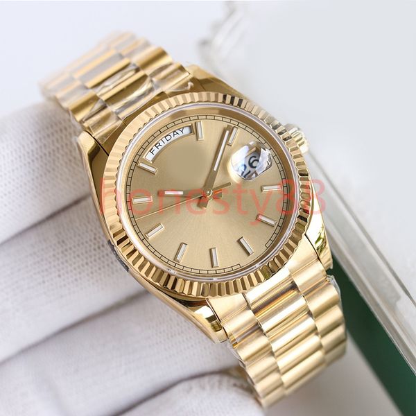 

week gold men watch 40mm automatic wristwatch mechanical whtie dial 904l stainless steel strap day and date display with box gift montre de, Slivery;brown