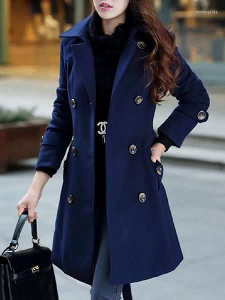 

women's wool women trench coat turndown collar peacoat dark navy woolen, Black